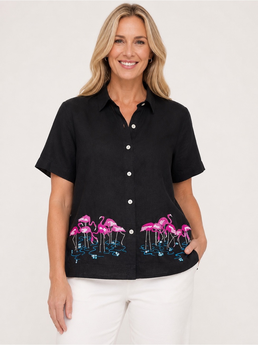 Mureli Women's Flamingo Embroidered Linen Blend Button Up Shirt Size L Vintage